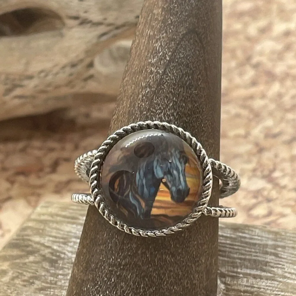 Stained Glass Horse Silver-Tone Ring in Blue and Brown
